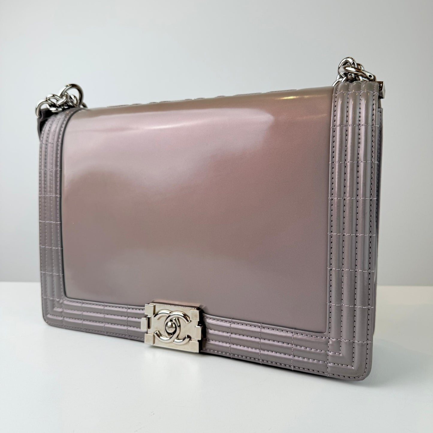 Chanel Grey Glazed Patent Reverso Boy Bag