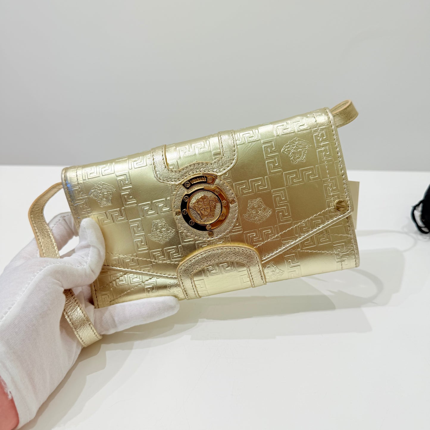 VERSACE METALLIC GOLD LEATHER WALLET ON STRAP