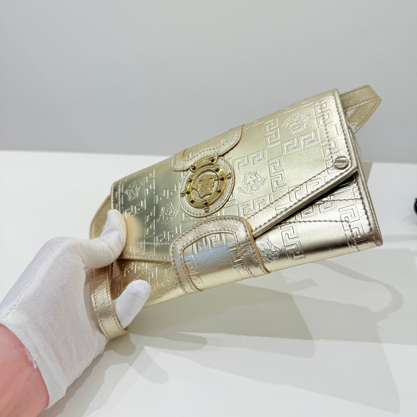 VERSACE METALLIC GOLD LEATHER WALLET ON STRAP
