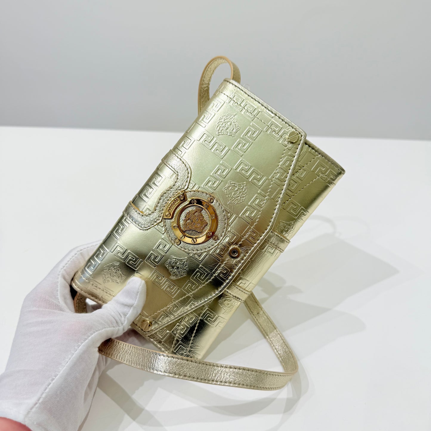 VERSACE METALLIC GOLD LEATHER WALLET ON STRAP