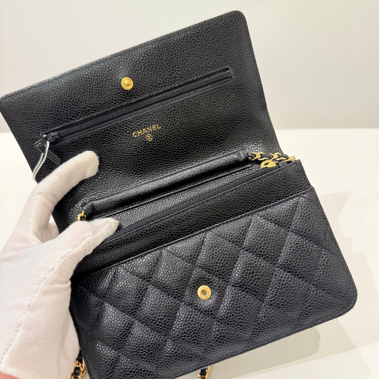 Chanel Black Gold Caviar WOC & card