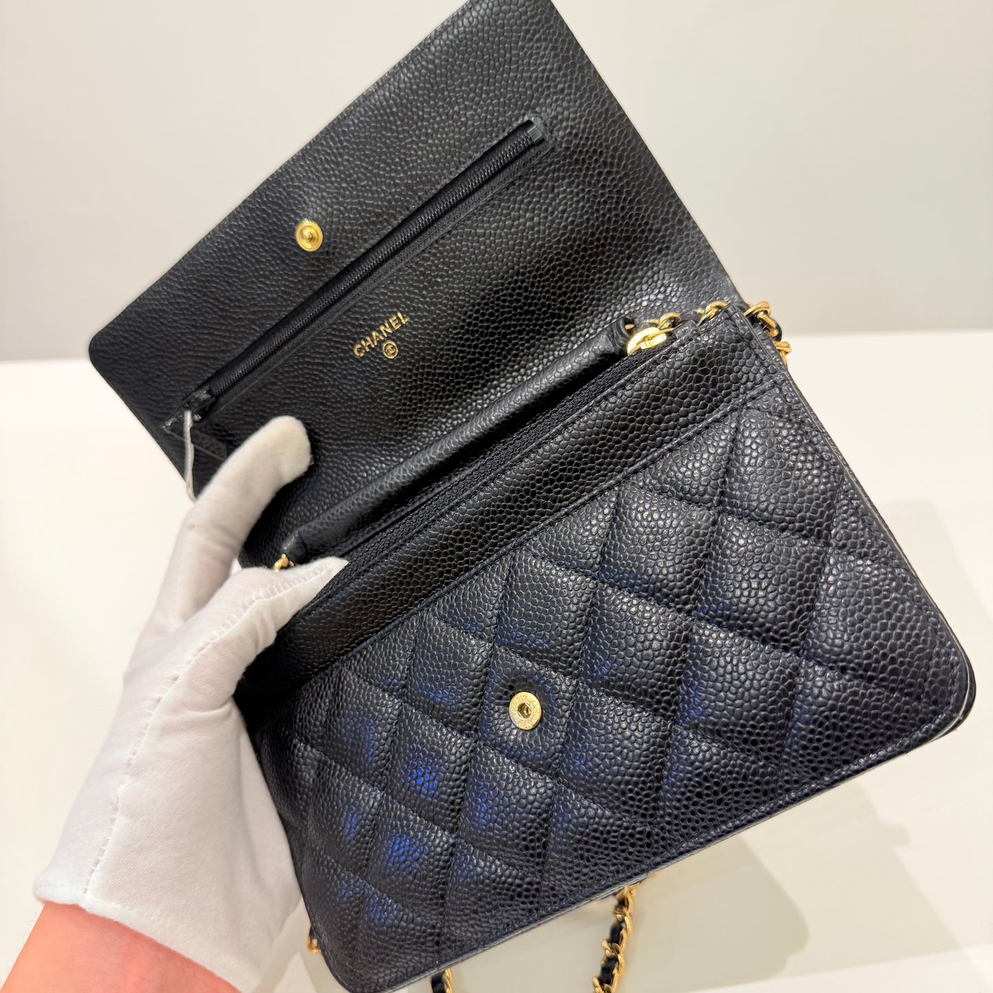 Chanel Black Gold Caviar WOC & card