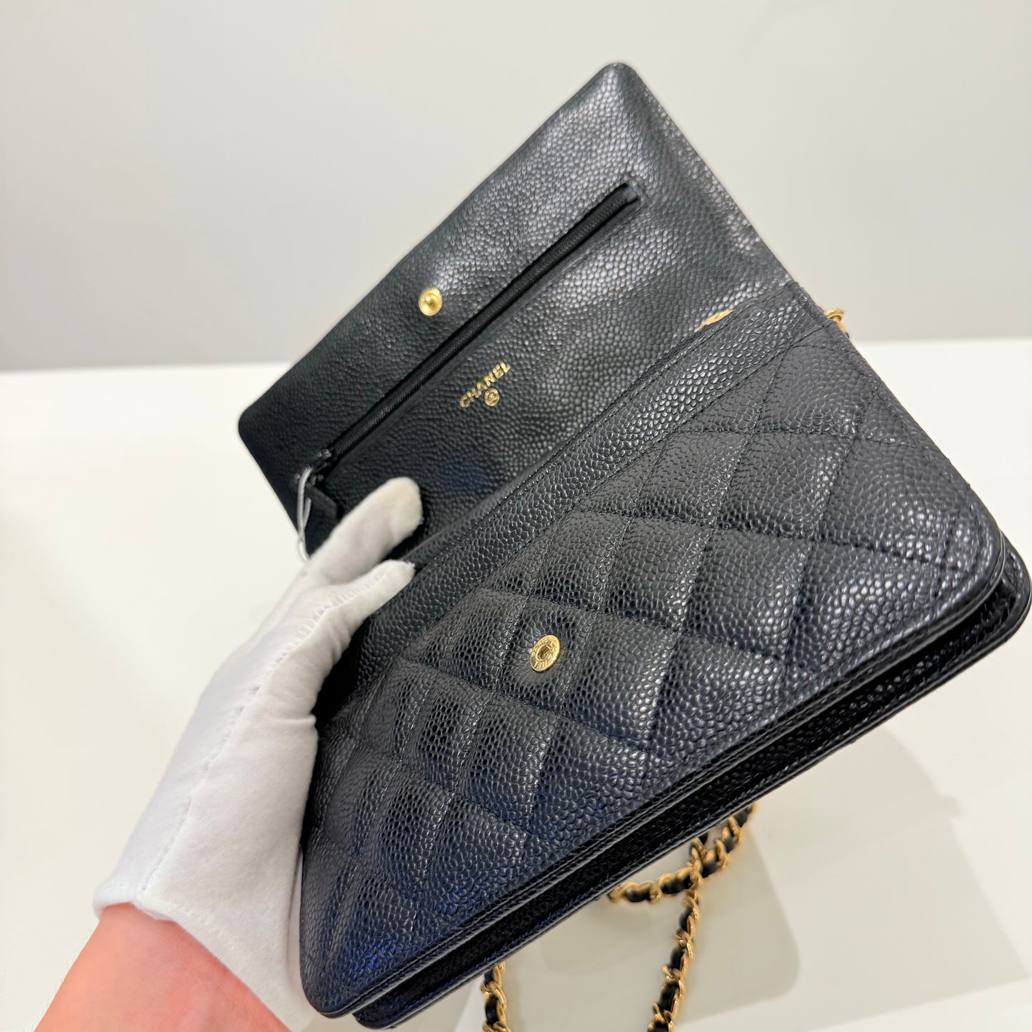 Chanel Black Gold Caviar WOC & card