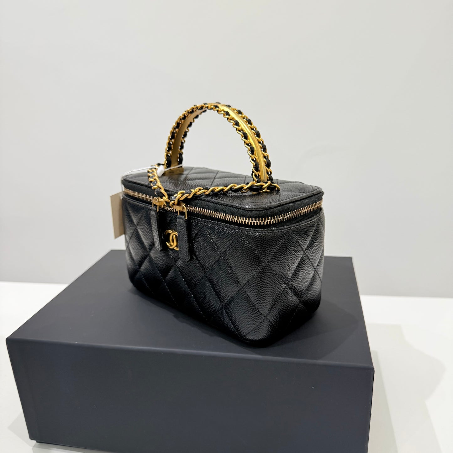Chanel Caviar Black Gold Vanity Case & Top Handle Full Set