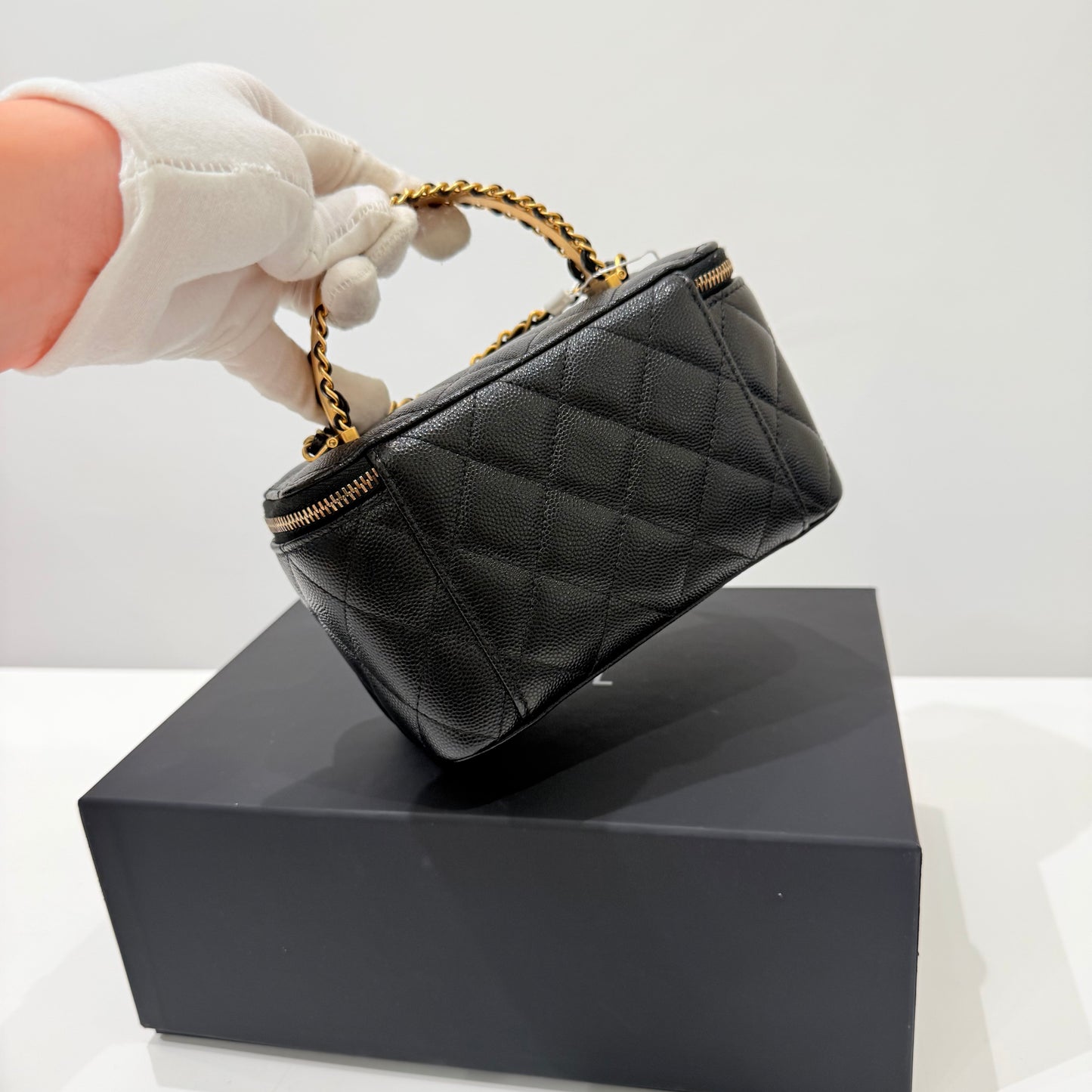 Chanel Caviar Black Gold Vanity Case & Top Handle Full Set