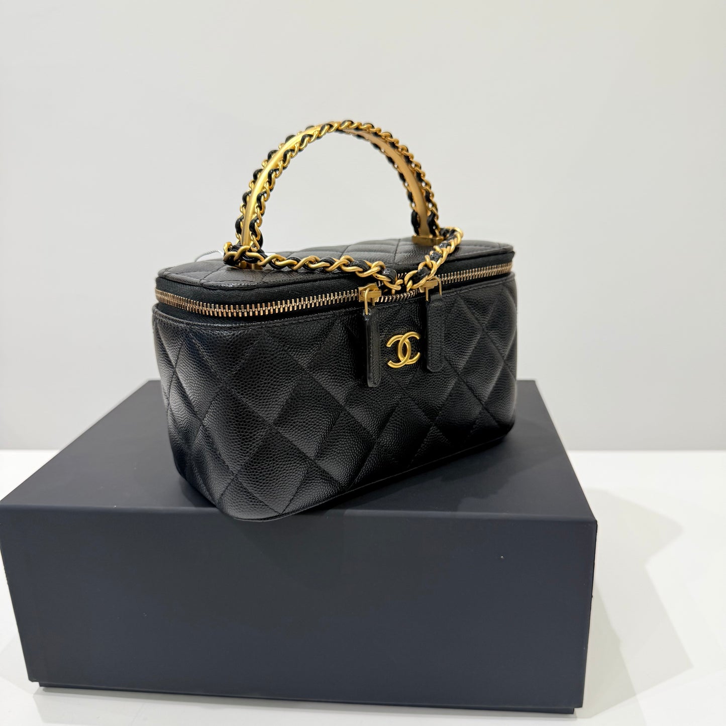 Chanel Caviar Black Gold Vanity Case & Top Handle Full Set
