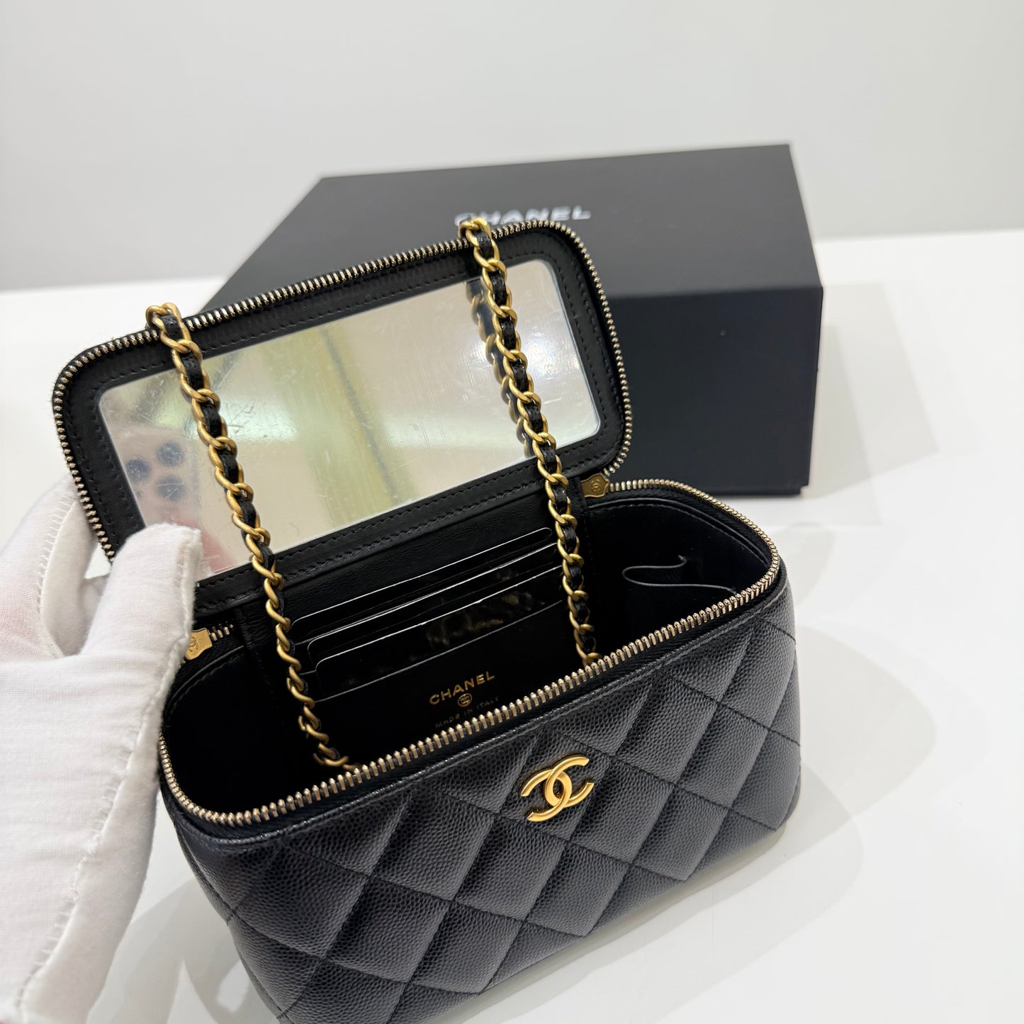 Chanel Caviar Black Gold Vanity Case & Top Handle Full Set