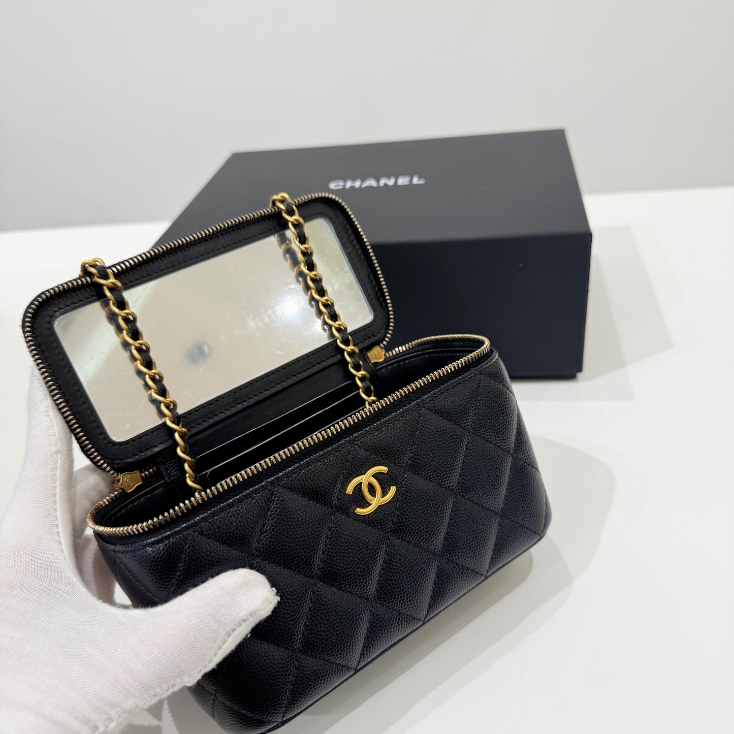Chanel Caviar Black Gold Vanity Case & Top Handle Full Set