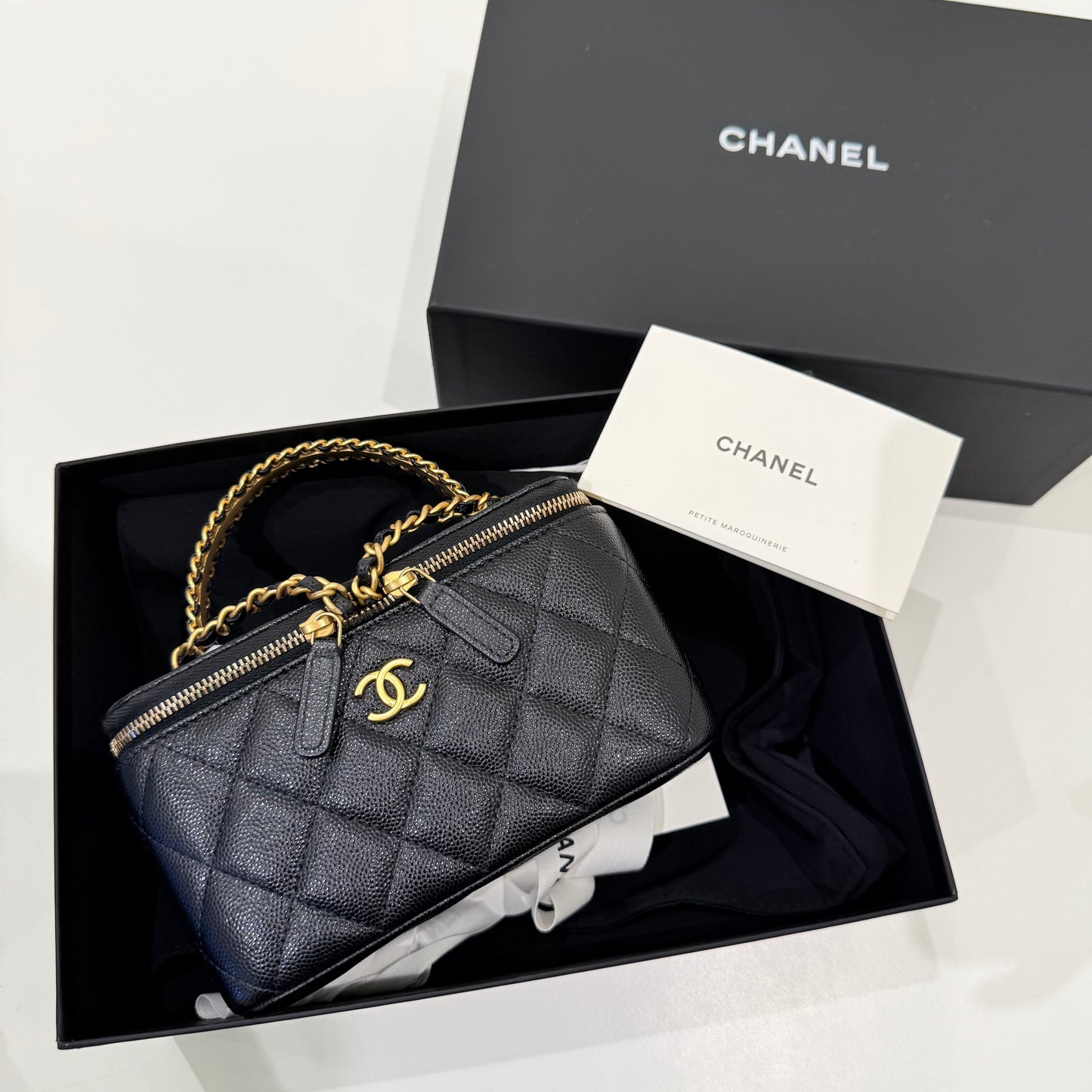 Chanel Caviar Black Gold Vanity Case & Top Handle Full Set
