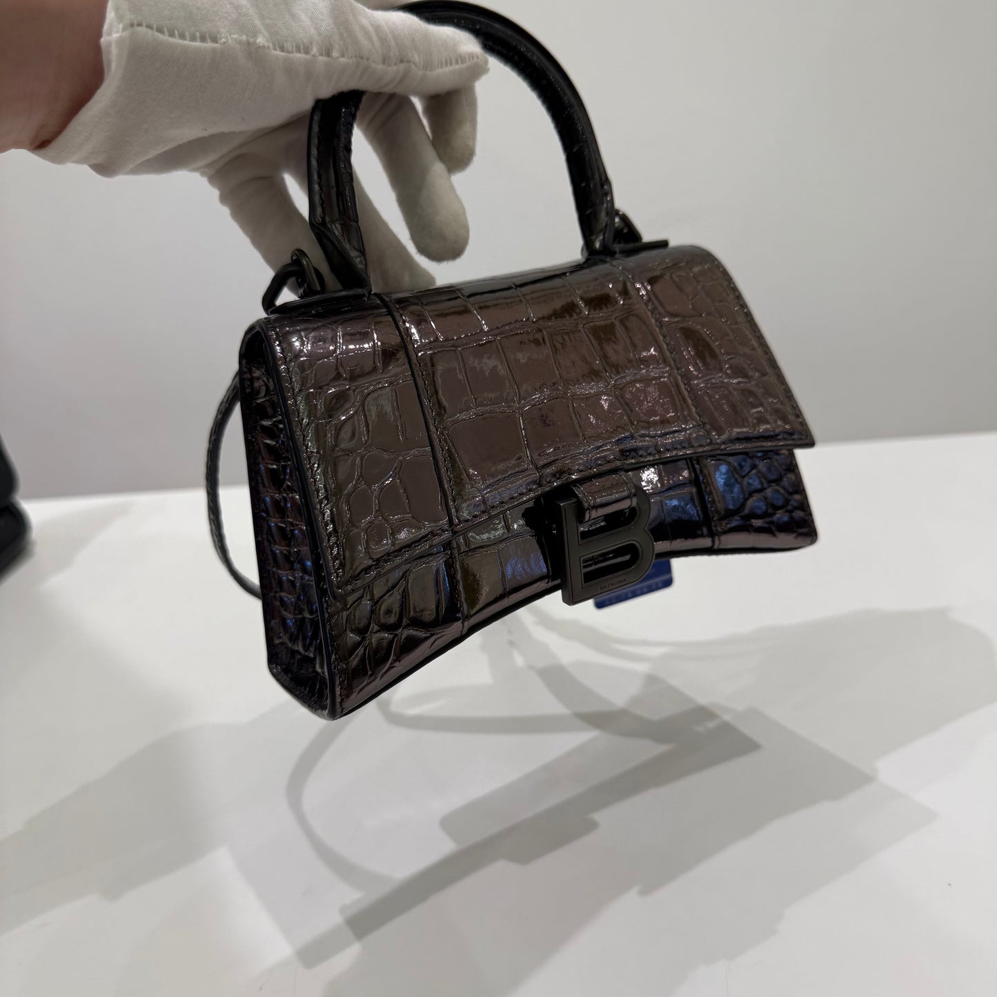 Balenciaga Silver-gray Crocodile Embossed Hourglass Bag