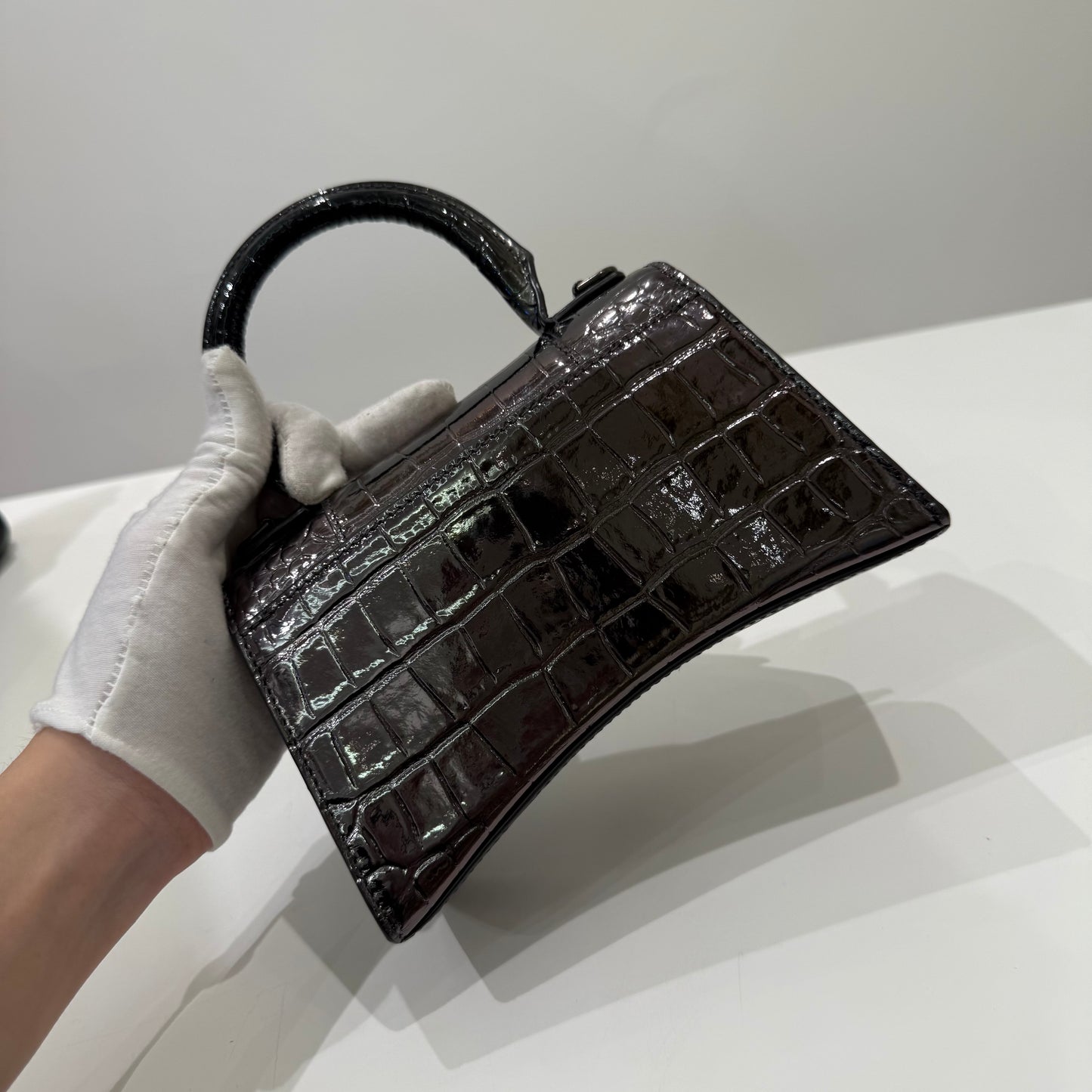 Balenciaga Silver-gray Crocodile Embossed Hourglass Bag