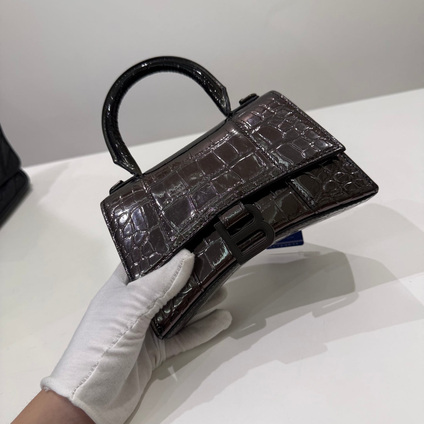 Balenciaga Silver-gray Crocodile Embossed Hourglass Bag