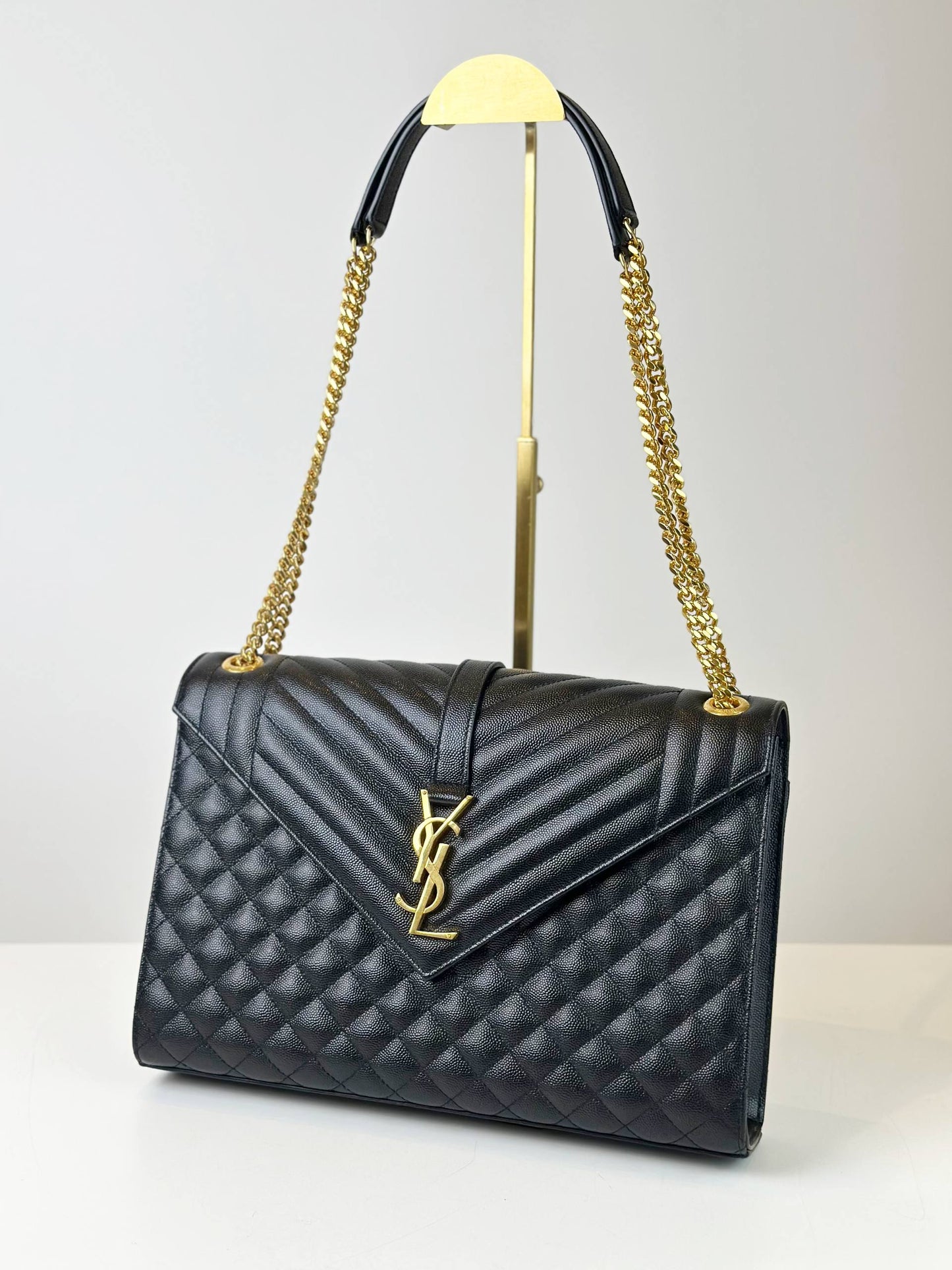 YSL LARGE ENVELOPE MATELASSE GRAIN DE POUDRE LEATHER BLACK SHOULDER BAG GHW
