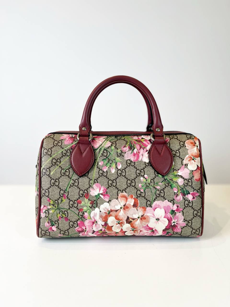 GUCCI GG SMALL BLOOMS FLORAL PINK BOSTON BAG