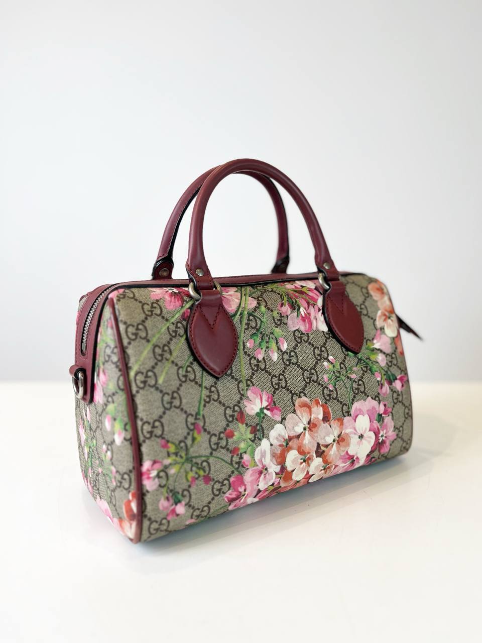 GUCCI GG SMALL BLOOMS FLORAL PINK BOSTON BAG