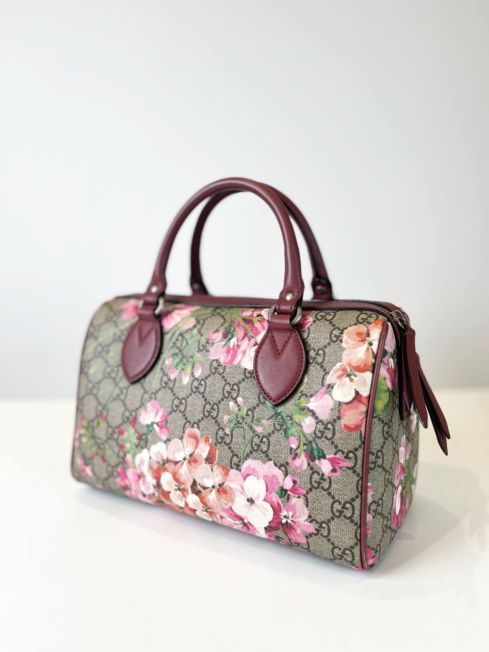 GUCCI GG SMALL BLOOMS FLORAL PINK BOSTON BAG