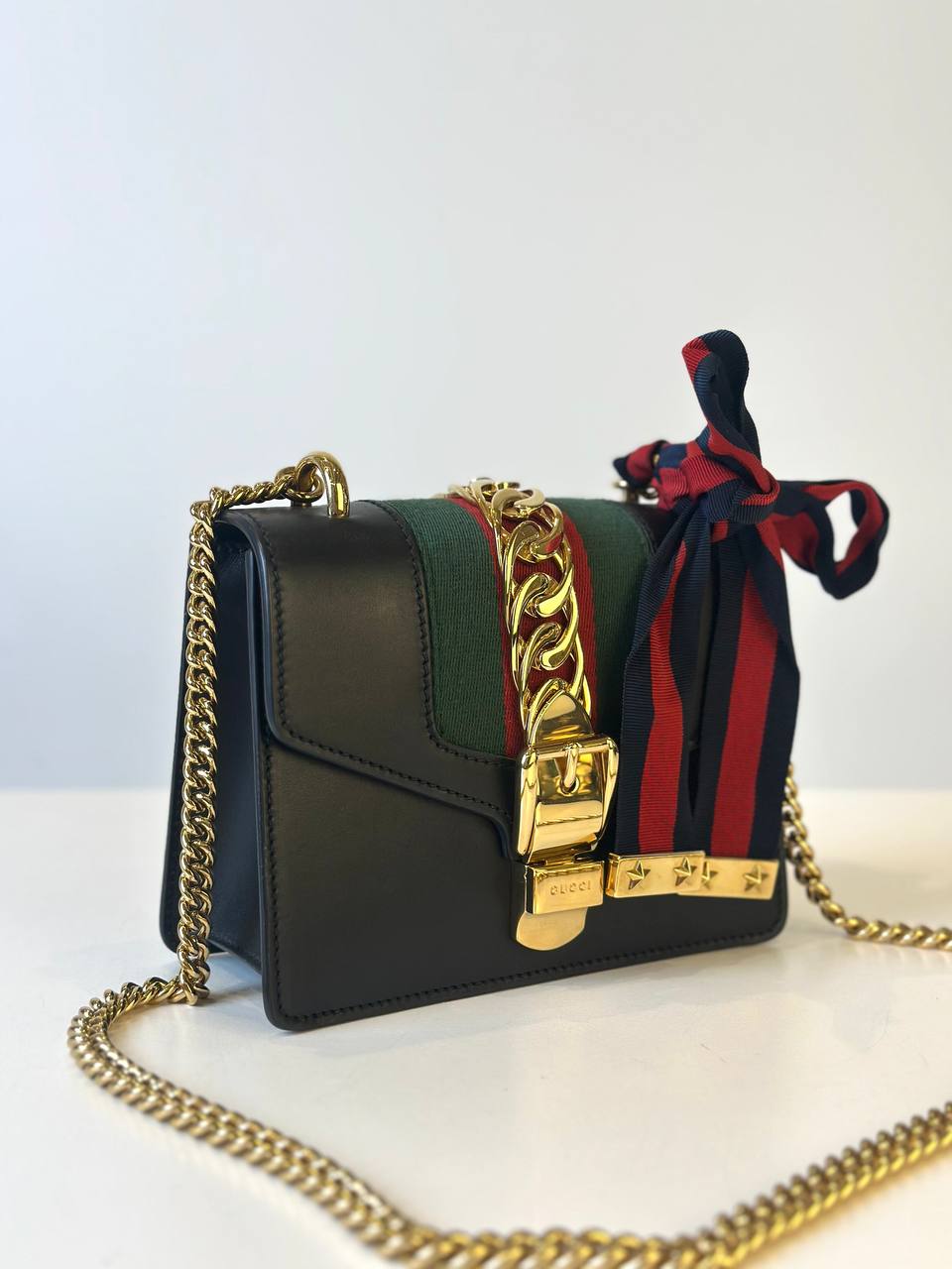 GUCCI SYLVIE SHOULDER GG WEB STRIPE MINI BLACK RED GREEN