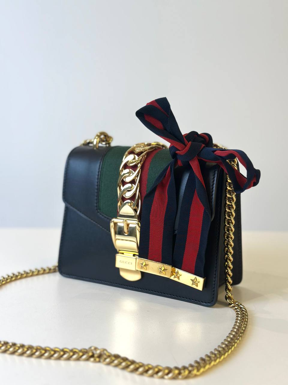 GUCCI SYLVIE SHOULDER GG WEB STRIPE MINI BLACK RED GREEN
