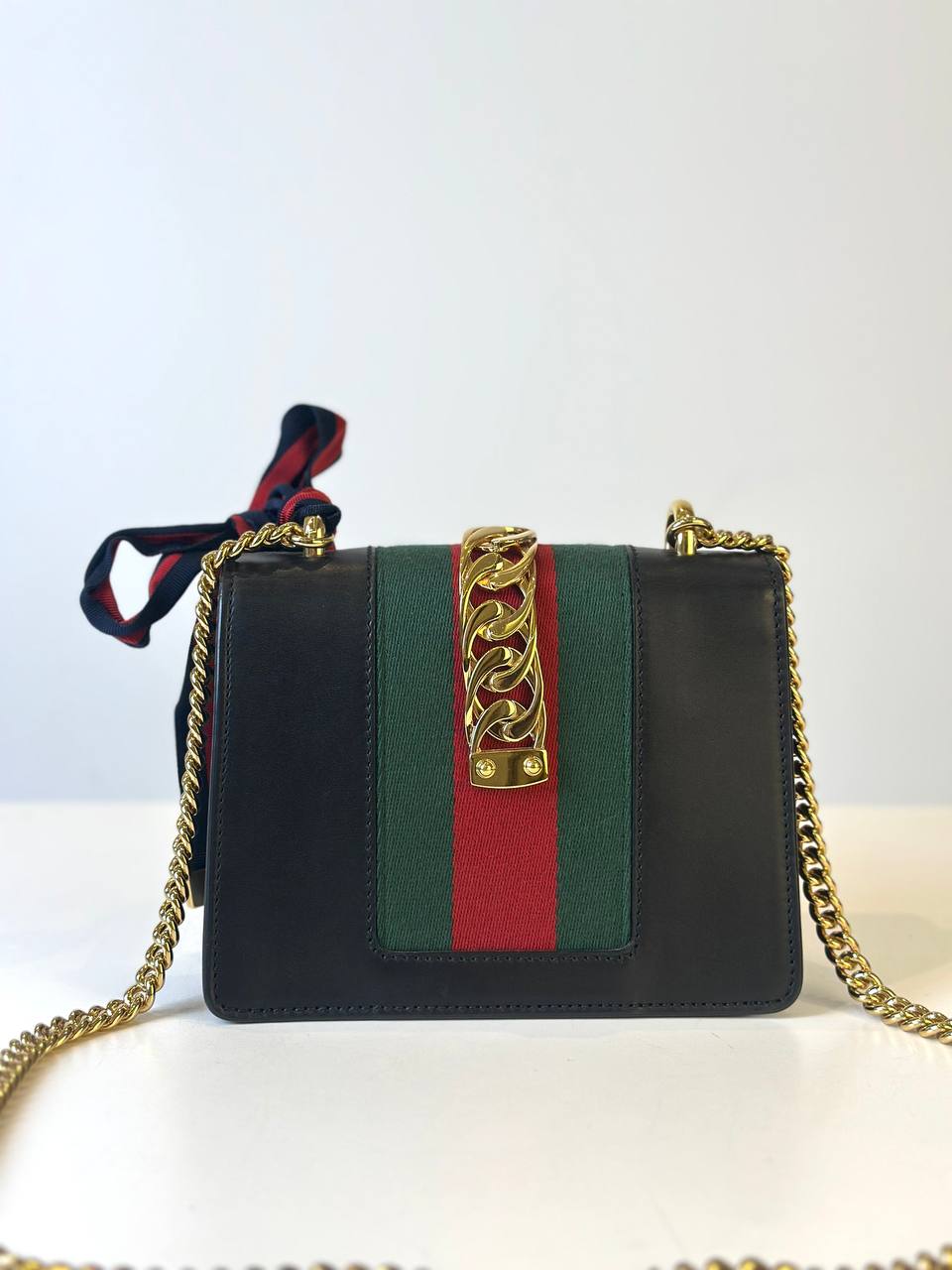 GUCCI SYLVIE SHOULDER GG WEB STRIPE MINI BLACK RED GREEN