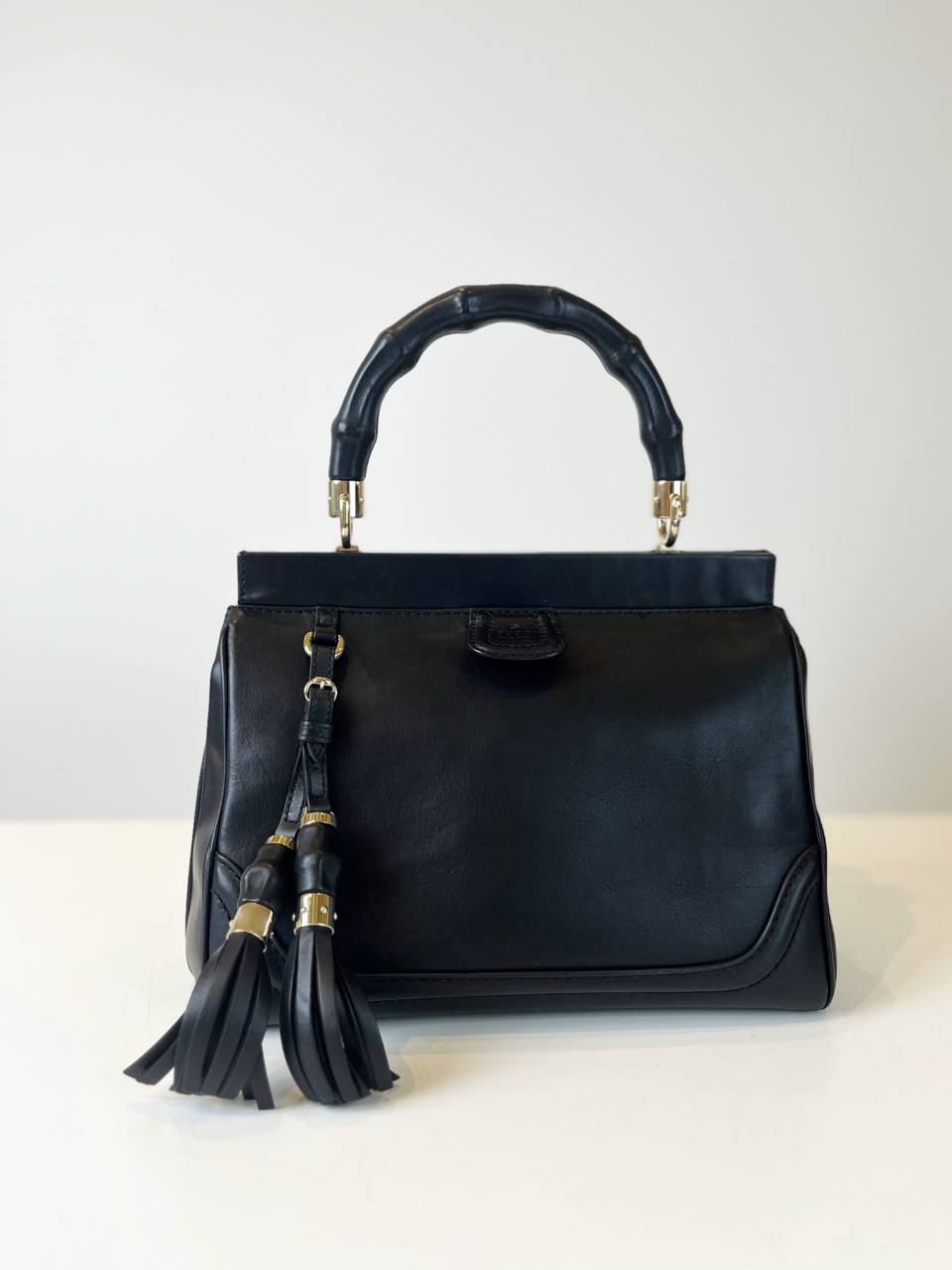 GUCCI LEATHER BOLD BAMBOO MEDIUM BLACK TOP HANDLE BAG