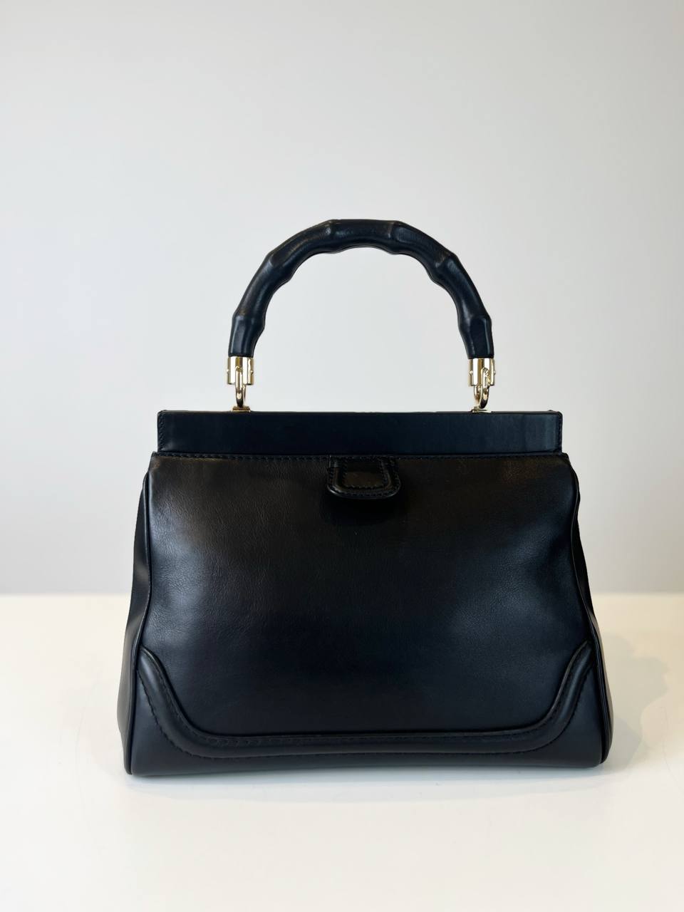 GUCCI LEATHER BOLD BAMBOO MEDIUM BLACK TOP HANDLE BAG