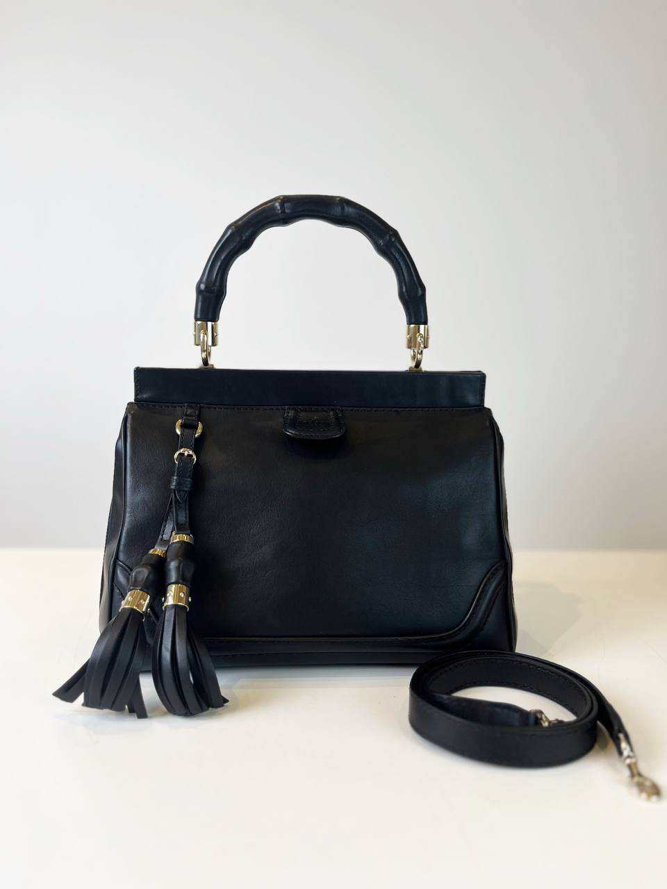 GUCCI LEATHER BOLD BAMBOO MEDIUM BLACK TOP HANDLE BAG