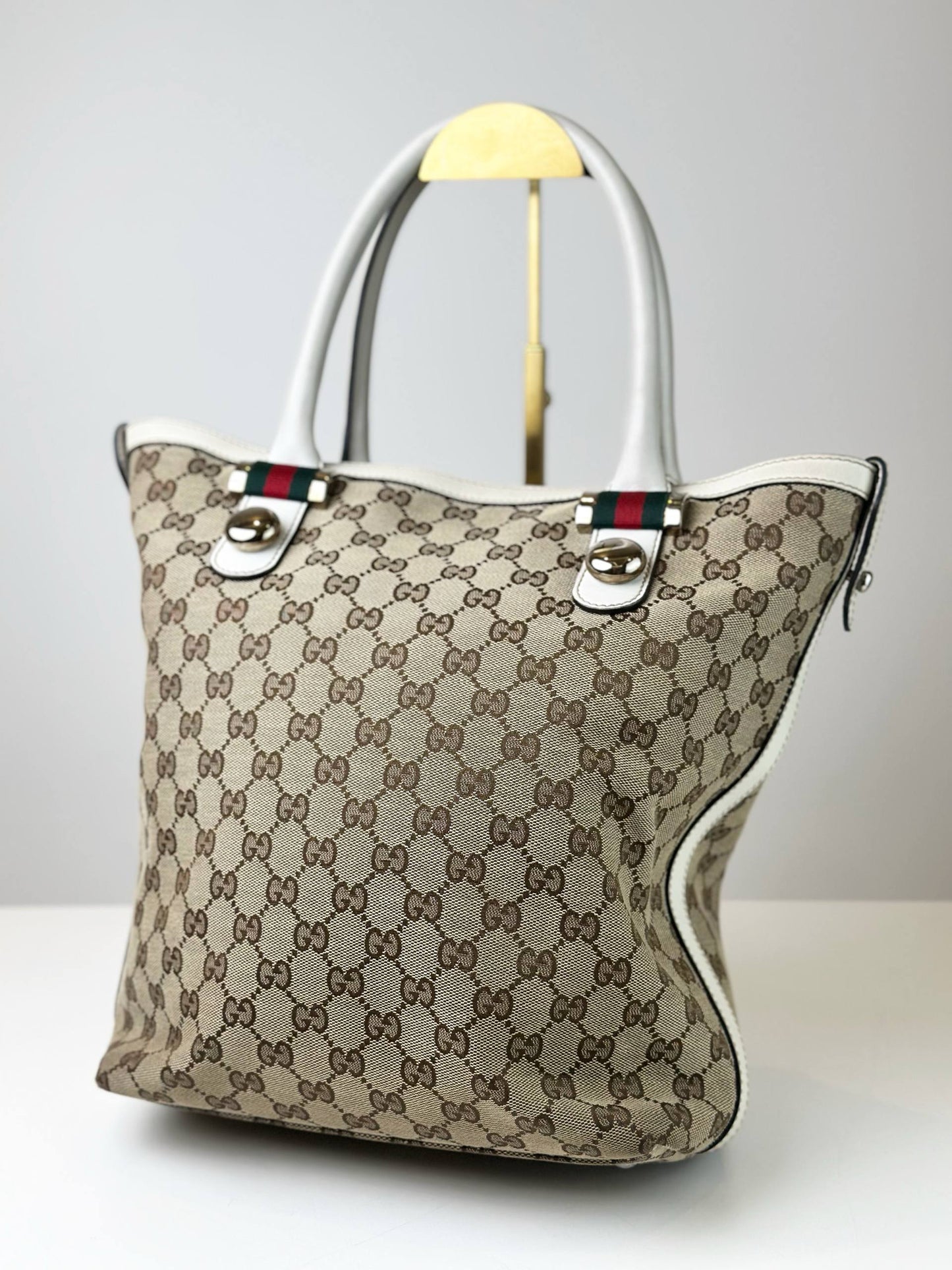 GUCCI GG CANVAS SHERRY LINE WHITE BEIGE TOTE BAG