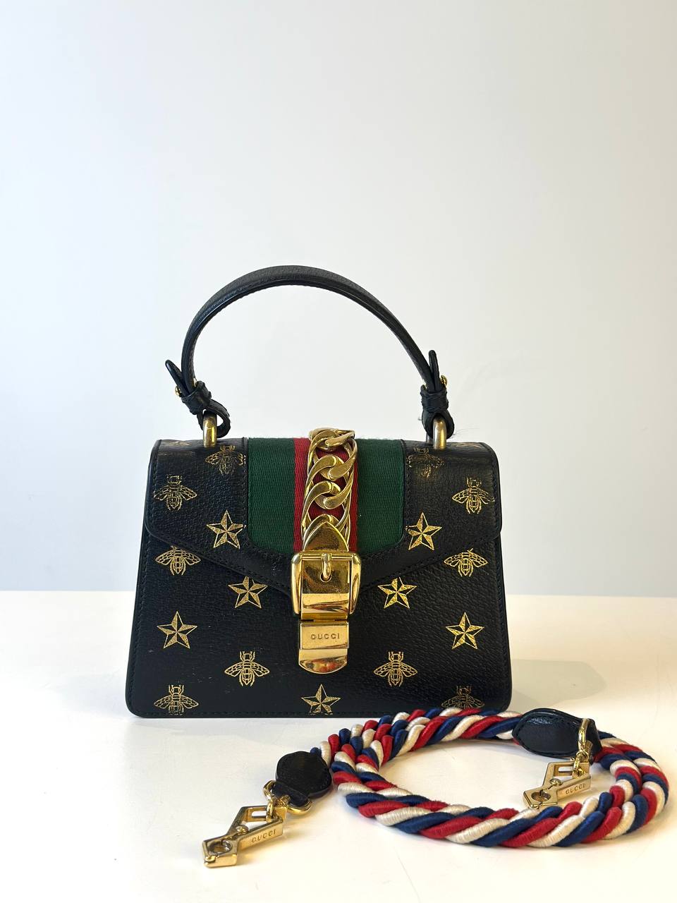 GUCCI WEB SHERRY LINE SYLVIE HANDBAG LEATHER BLACK RED GREEN