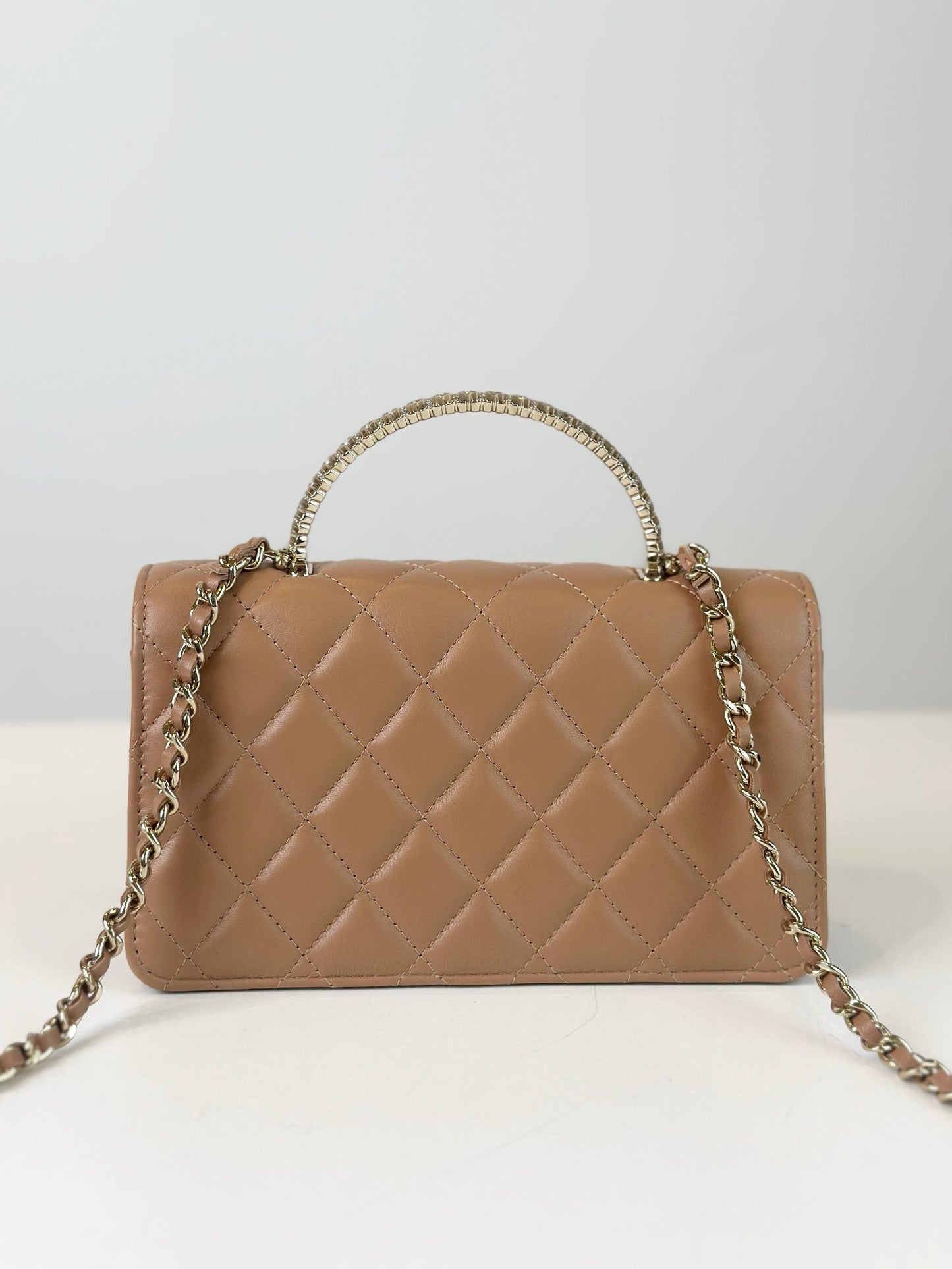 CHANEL LAMBSKIN MILK TEA WALLET ON CHAIN GHW