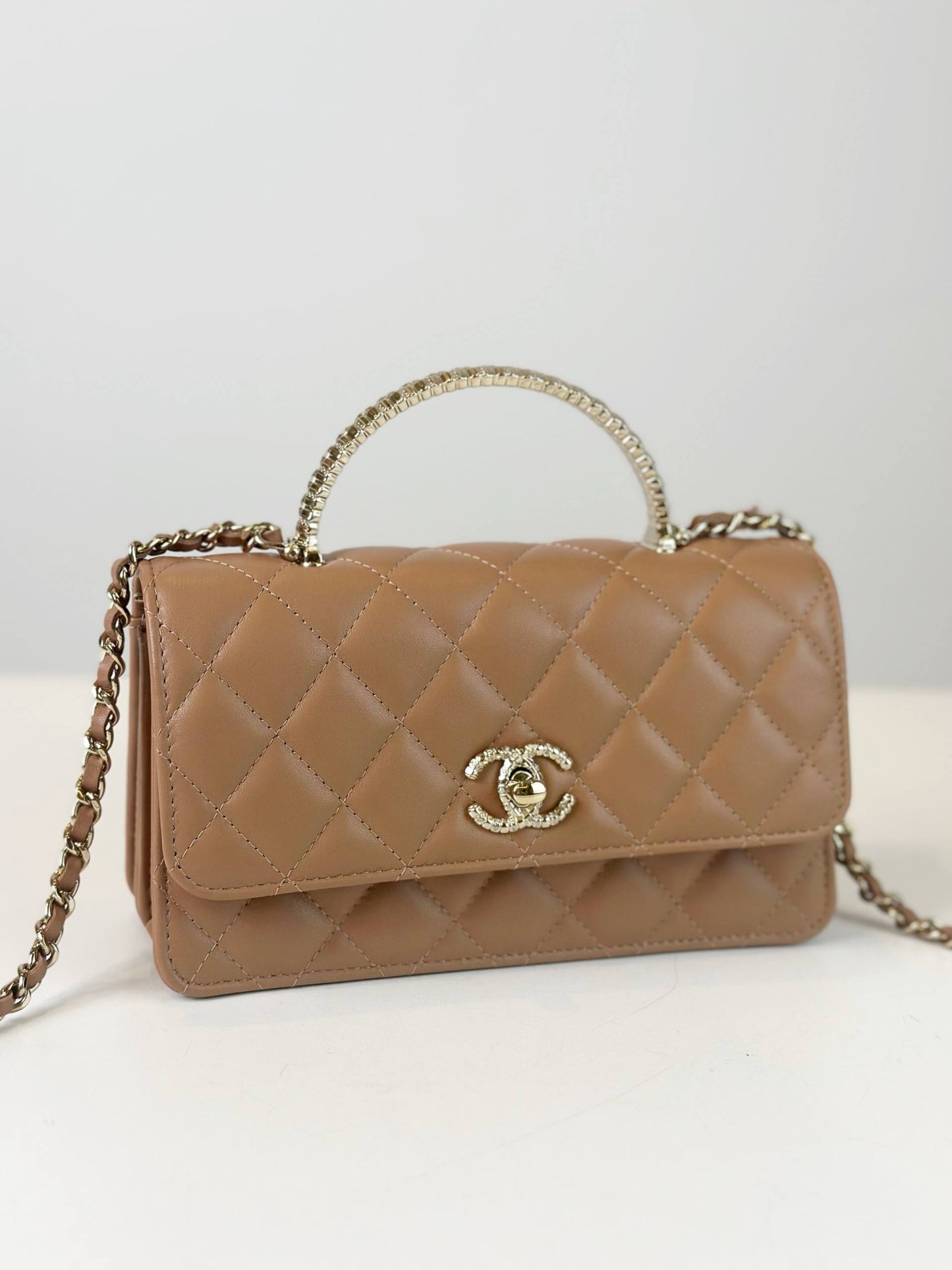 CHANEL LAMBSKIN MILK TEA WALLET ON CHAIN GHW