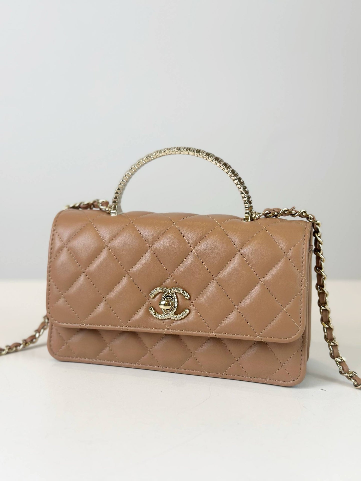 CHANEL LAMBSKIN MILK TEA WALLET ON CHAIN GHW