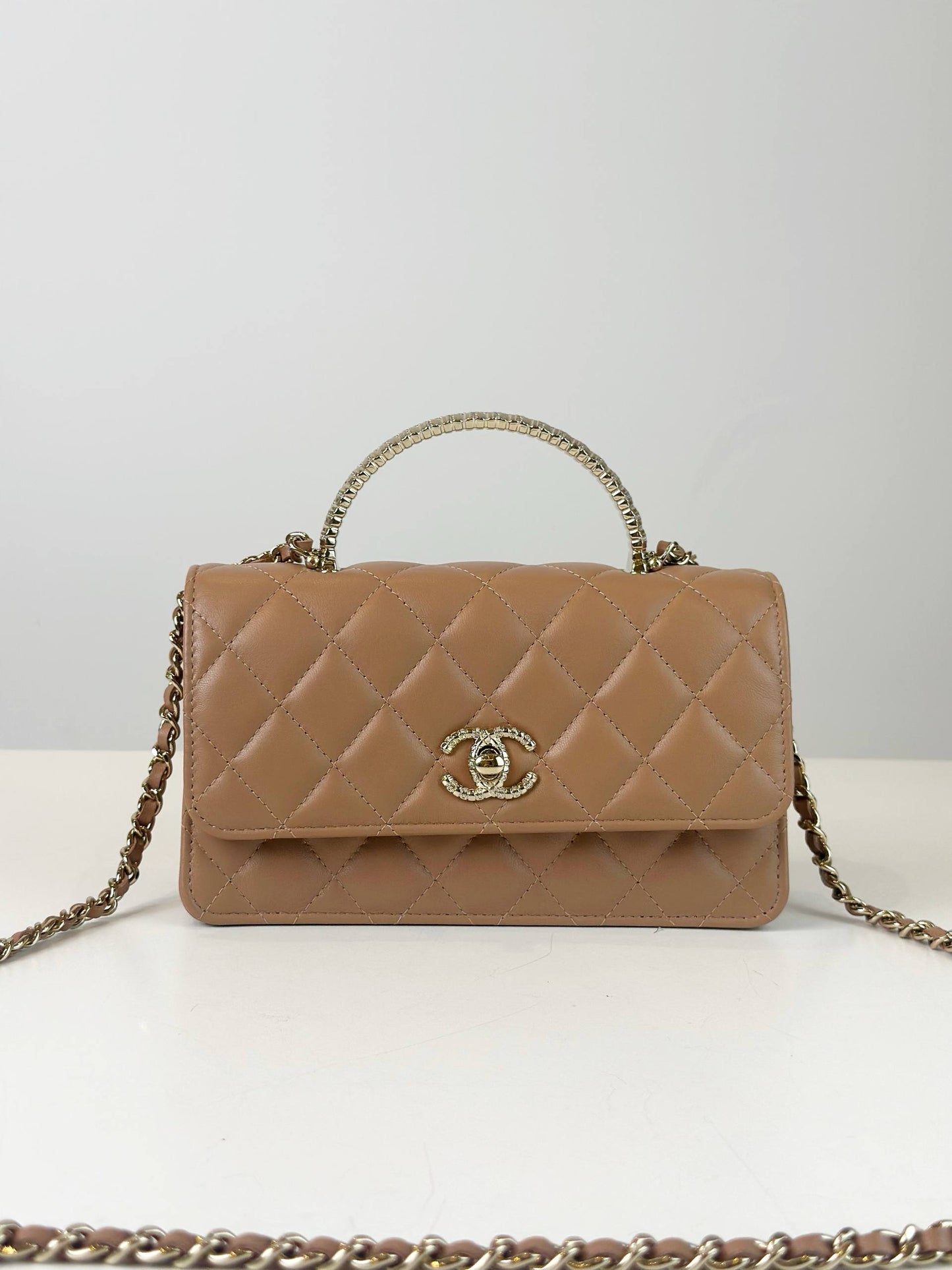 CHANEL LAMBSKIN MILK TEA WALLET ON CHAIN GHW