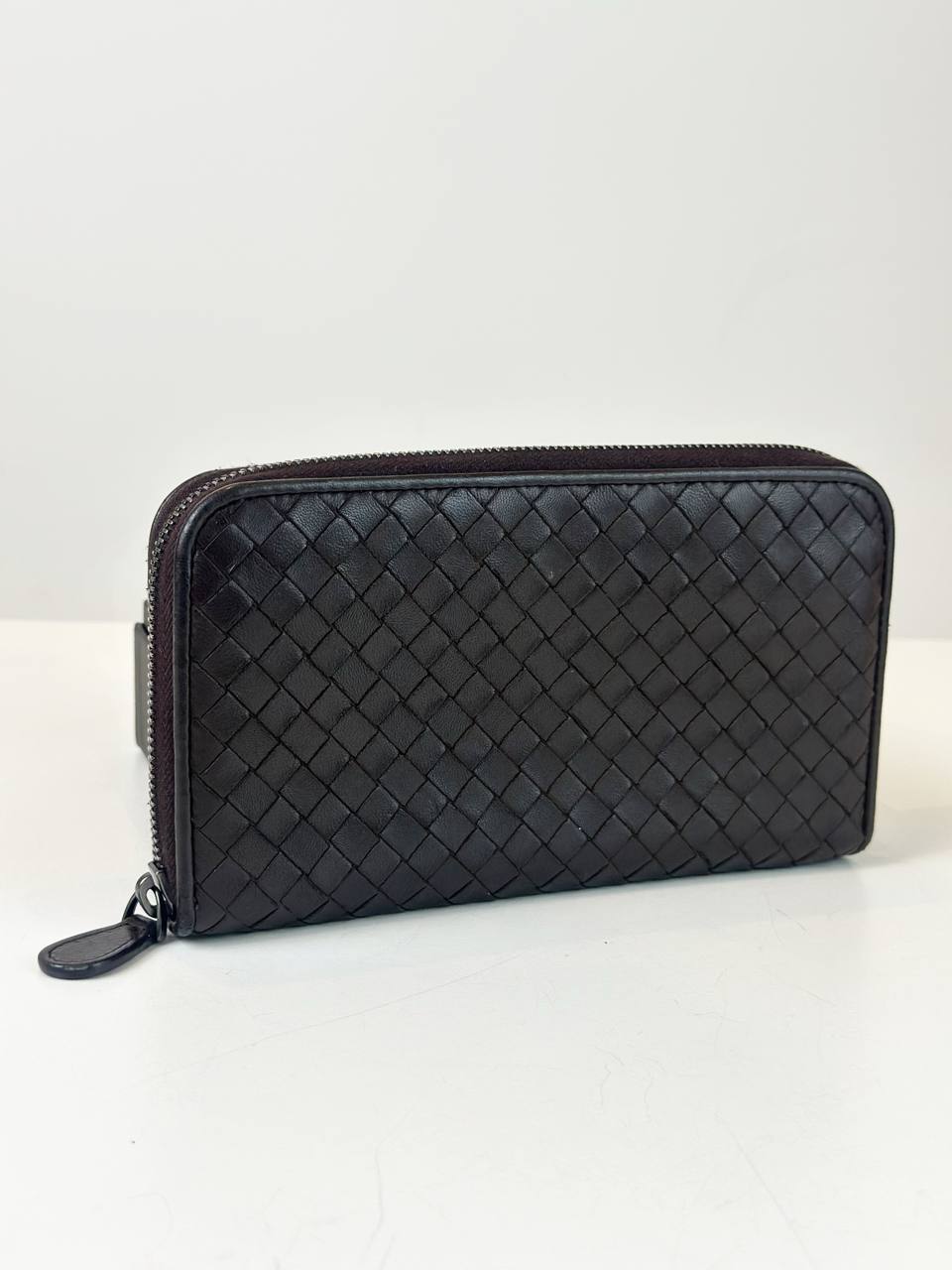 BOTTEGA VENETA INTRECCIATO DARK BROWN ZIPPY LONG WALLET