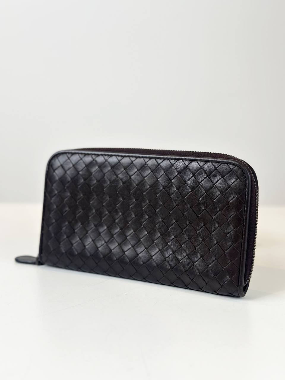 BOTTEGA VENETA INTRECCIATO DARK BROWN ZIPPY LONG WALLET