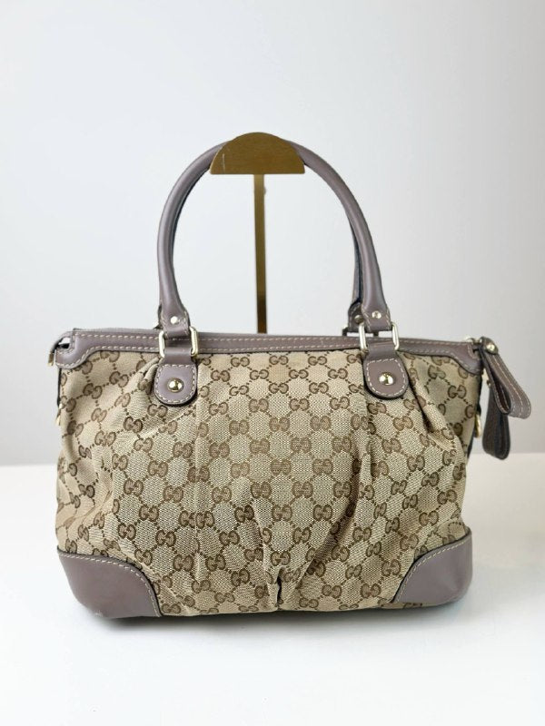 GUCCI GG CANVAS SUKEY PURPLE LEATHER HANDBAG