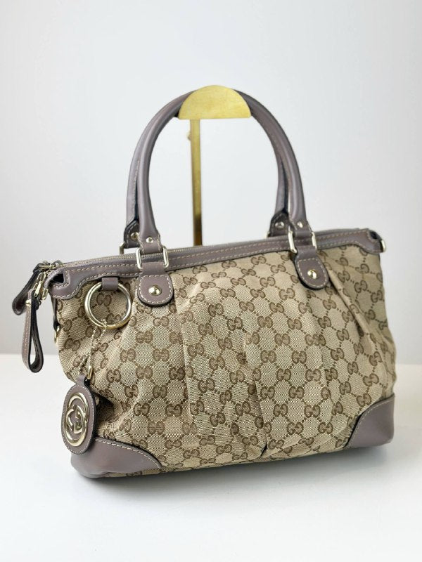 GUCCI GG CANVAS SUKEY PURPLE LEATHER HANDBAG