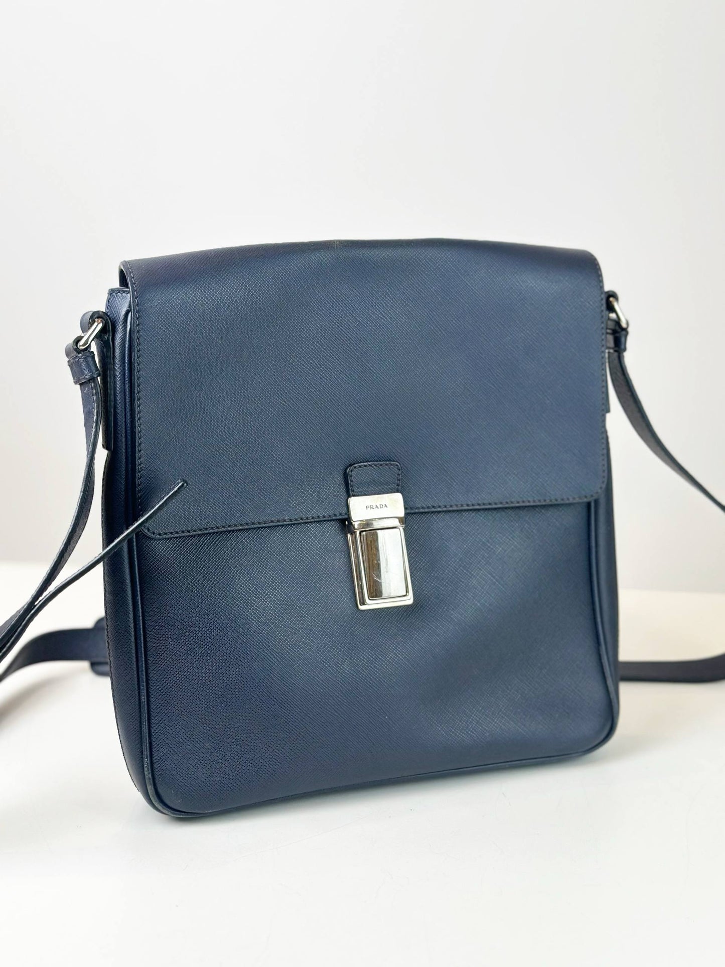 PRADA SAFFIANO LEATHER NAVY BLUE MESSENGER BAG