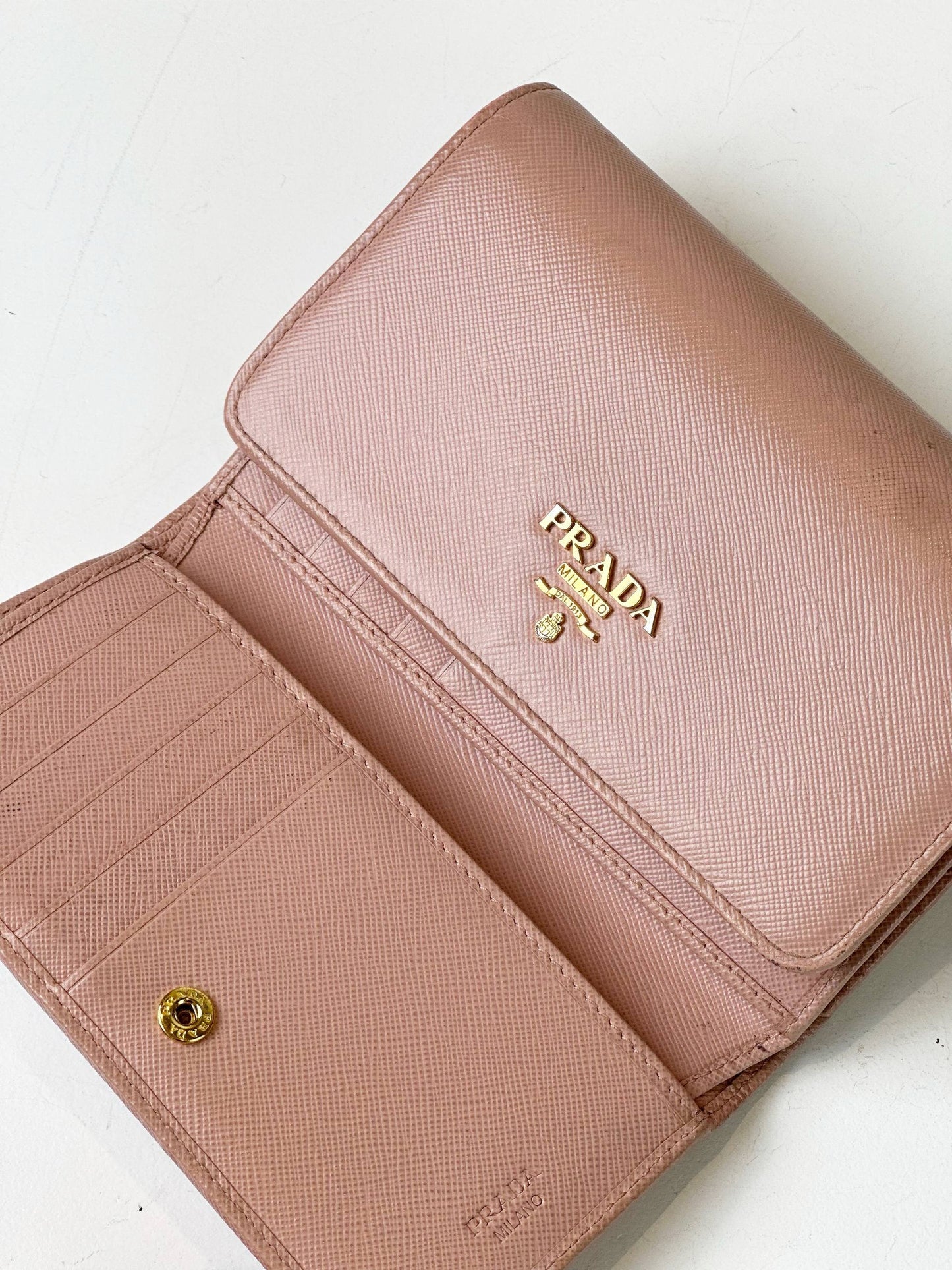 PRADA SAFFIANO LEATHER PINK TRI-FOLD WALLET