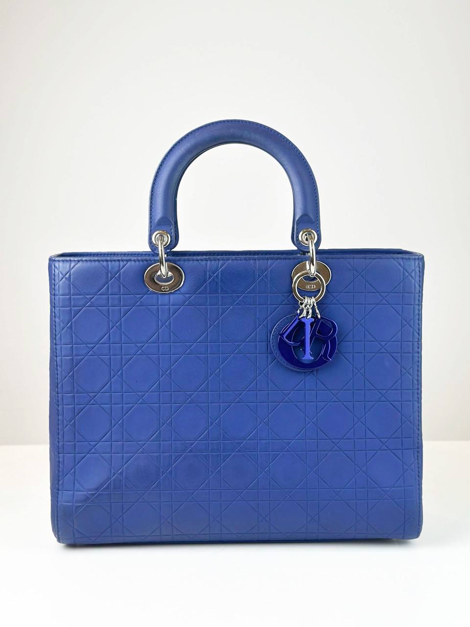 DIOR LADY DIOR BLUE CANNAGE EMBOSSED LEATHER LARGE HANDBAG WITH STRAP