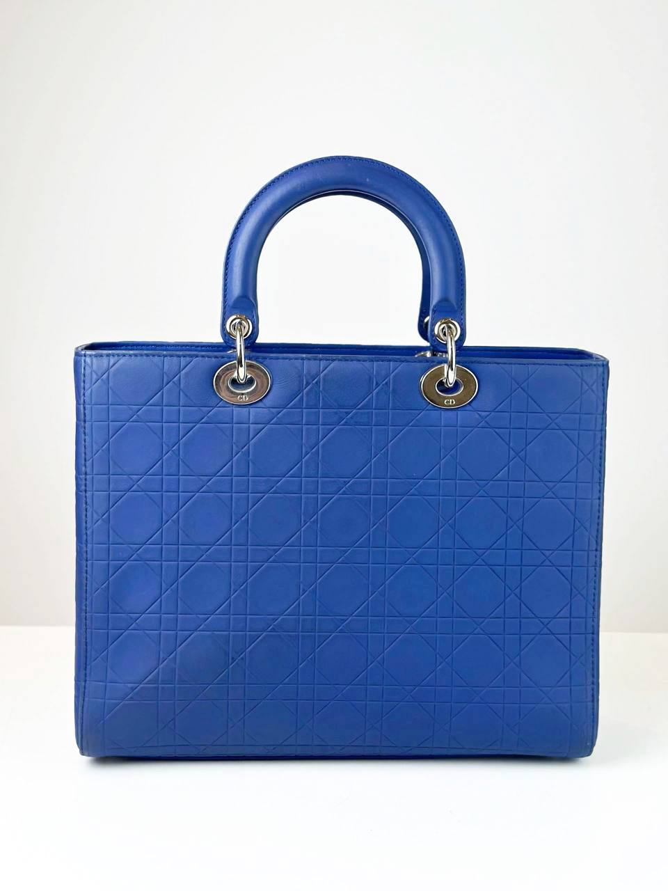 DIOR LADY DIOR BLUE CANNAGE EMBOSSED LEATHER LARGE HANDBAG WITH STRAP