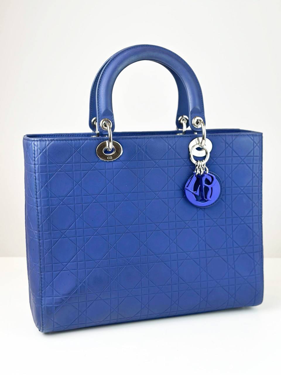 DIOR LADY DIOR BLUE CANNAGE EMBOSSED LEATHER LARGE HANDBAG WITH STRAP