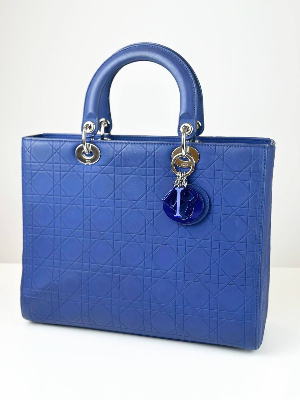 DIOR LADY DIOR BLUE CANNAGE EMBOSSED LEATHER LARGE HANDBAG WITH STRAP
