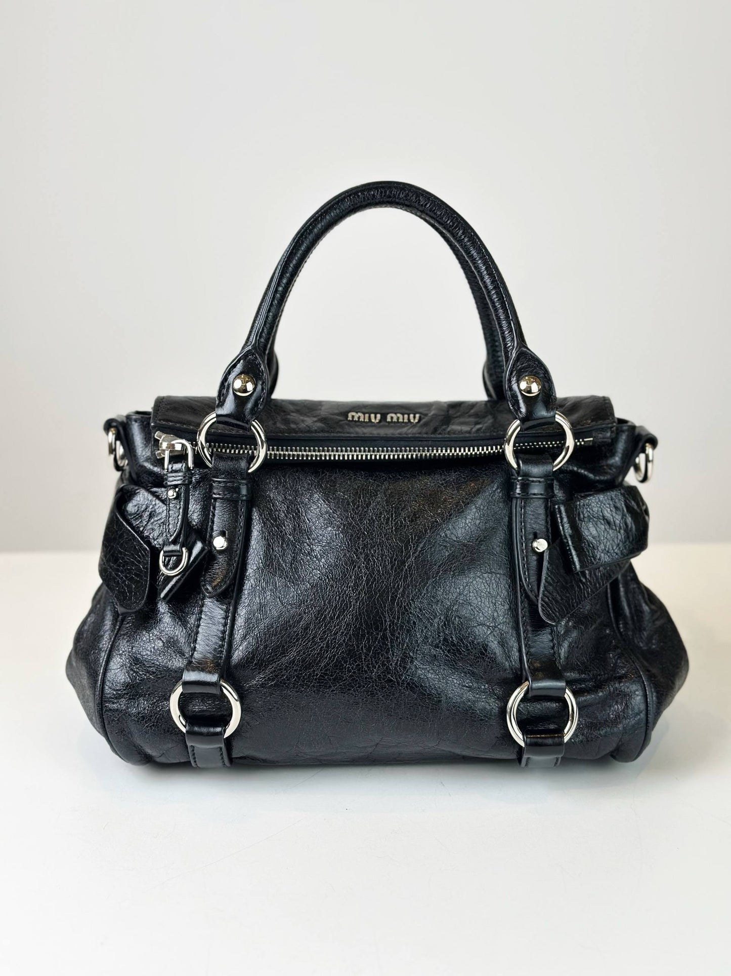 MIU MIU VITELLO LUX BOW MINI BLACK HANDBAG WITH STRAP