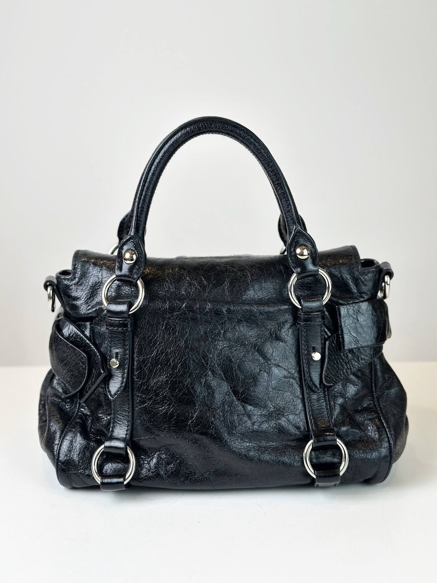 MIU MIU VITELLO LUX BOW MINI BLACK HANDBAG WITH STRAP