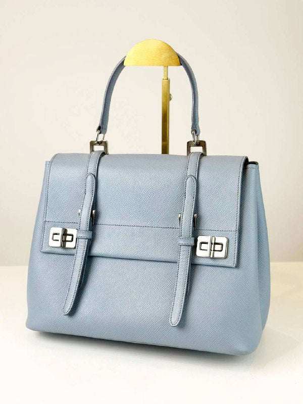 PRADA SAFFIANO CUIR CONVERTIBLE BLUE TOP HANDLE TOTE BAG WITH STRAP