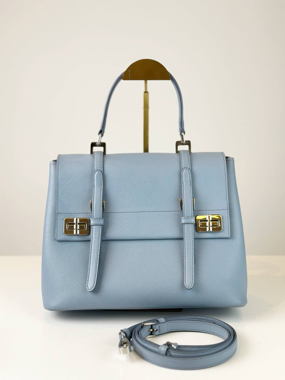 PRADA SAFFIANO CUIR CONVERTIBLE BLUE TOP HANDLE TOTE BAG WITH STRAP
