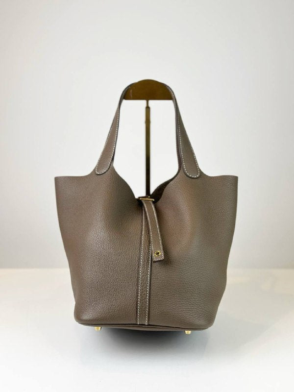 HERMES PICOTIN LOCK 22 IN ETOUPE TAURILLION CLEMENCE LEATHER GHW