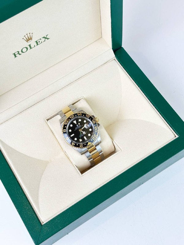 ROLEX GMT-MASTER II BLACK DIAL HALF GOLD WATCH