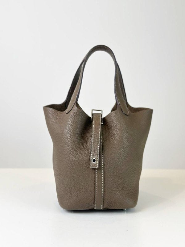 HERMES PICOTIN LOCK 18 IN ETOUPE TAURILLION CLEMENCE LEATHER