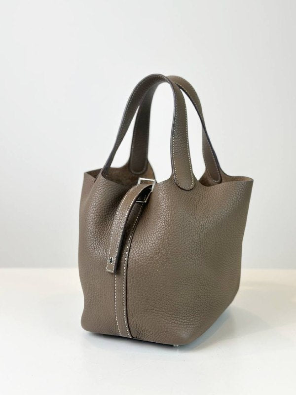 HERMES PICOTIN LOCK 18 IN ETOUPE TAURILLION CLEMENCE LEATHER